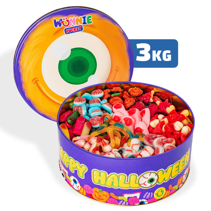 Wunnie Bucket “Feliz Halloween”, lata para llenar con tus gomitas favoritas - 3 kg