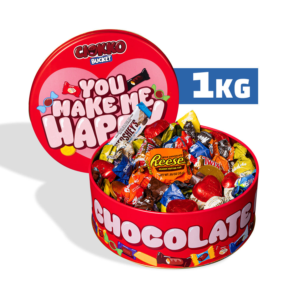 Ciokko Bucket “Me haces feliz”, lata de chocolates de 1 kg para componer con los sabores preferidos de tu pareja