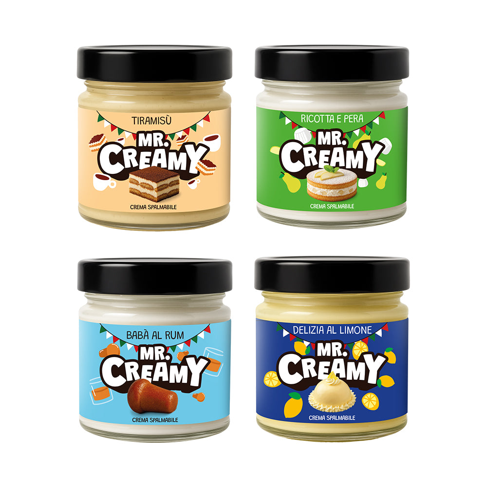 4 confezioni di creme spalmabili da 200g Mr Creamy ispirate a dolci italiani: tiramisù, ricotta e pera, babà al rum e delizia al limone