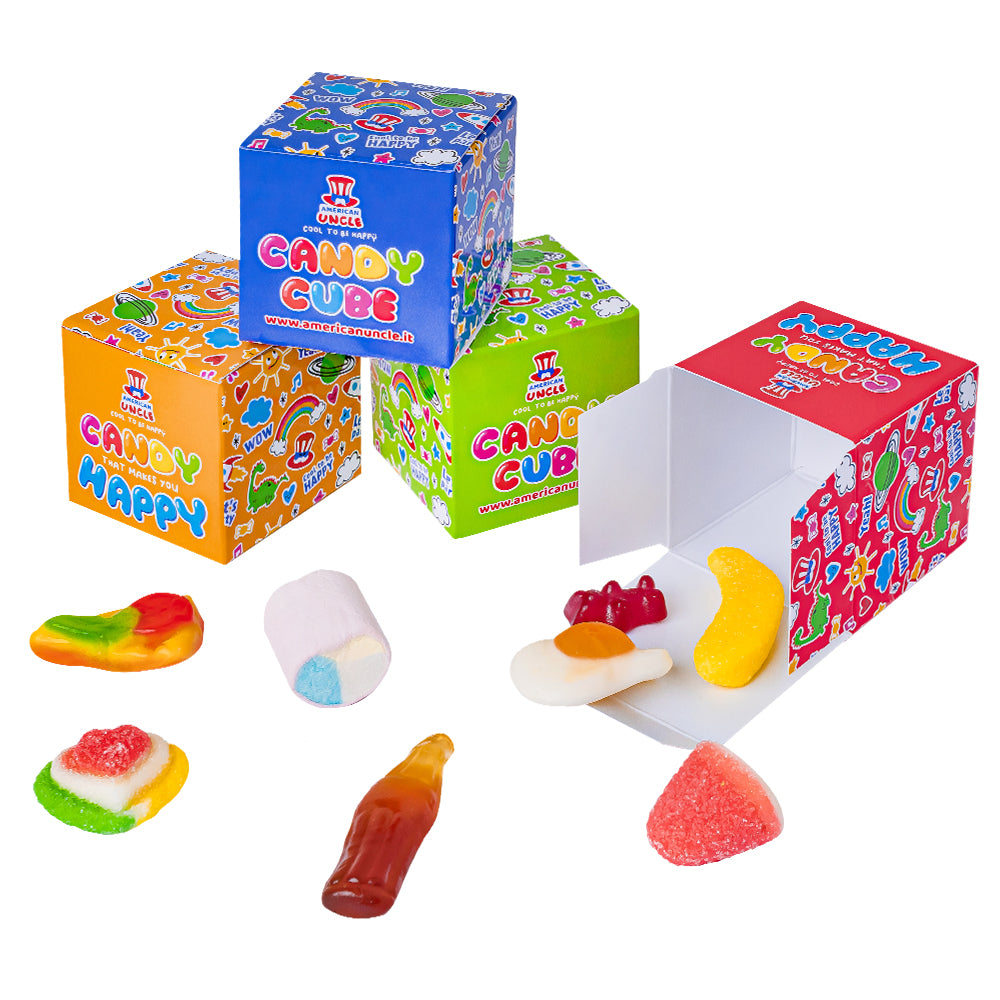 Candy Cube Kit "Party", cajitas de caramelos gomosos de 50g ideales como regalos de fin de fiesta (25, 50 o 75 uds)
