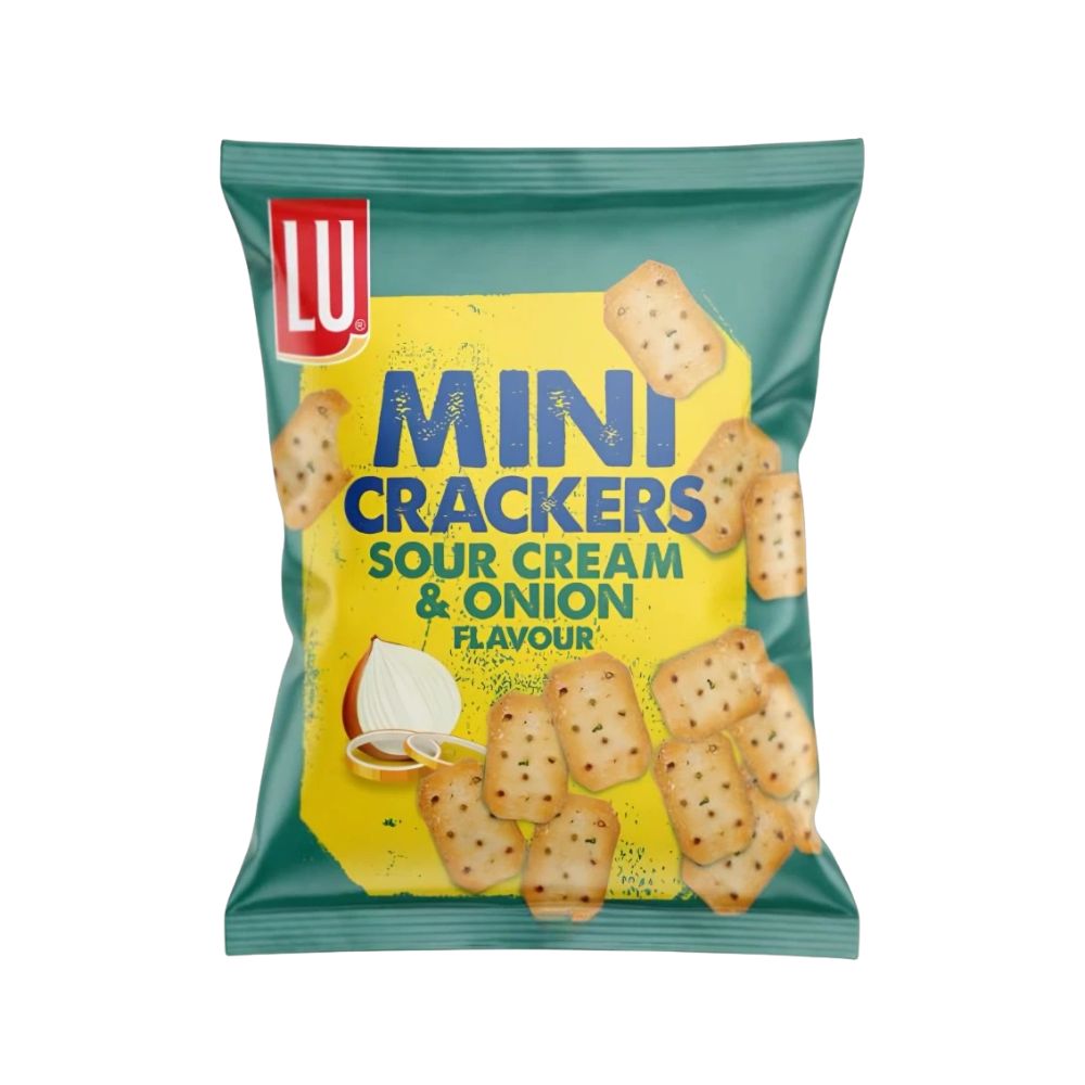 LU Mini Crackers Sour Cream & Onion Flavour, crackers al gusto di panna acida e cipolla da 77,5g.