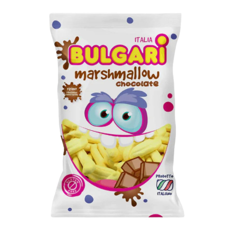 Confezione da 1kg, marshmallow a forma di banana ripiene di cioccolato.