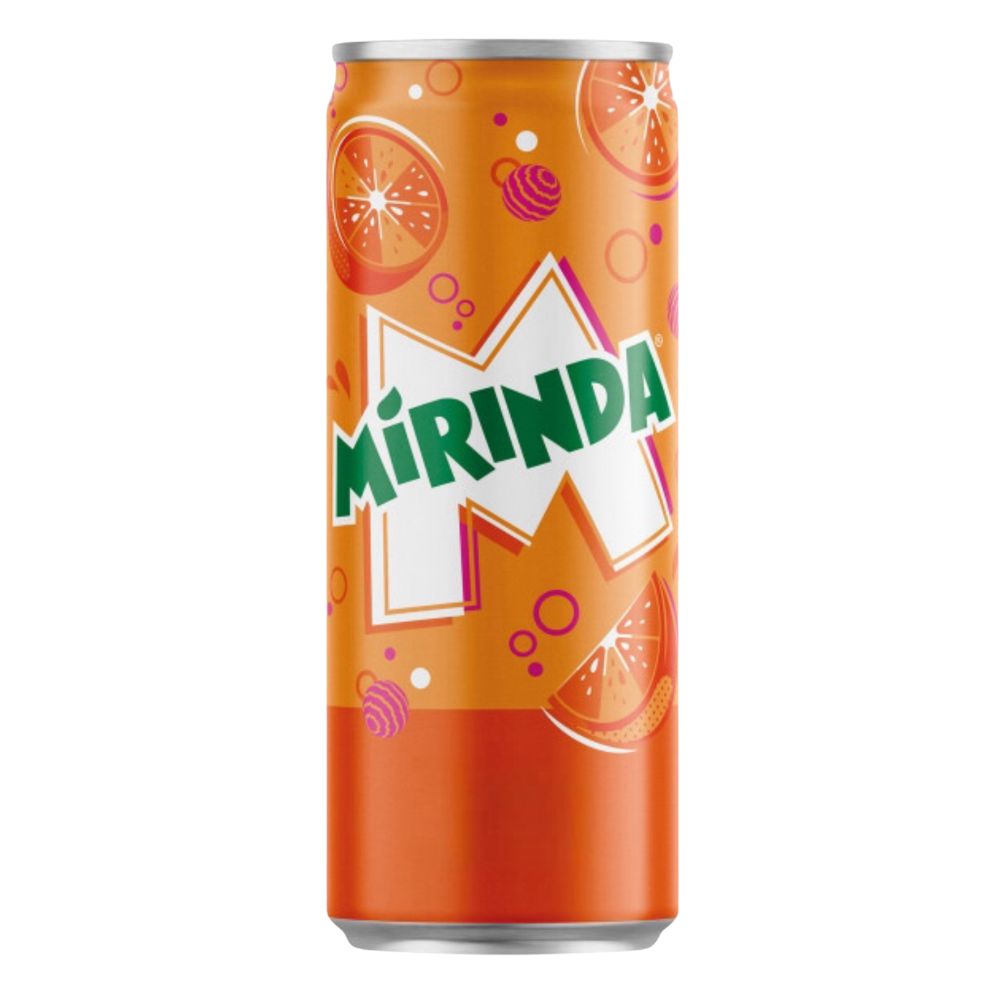 Confezione da 330ml, bevanda analcolica al gusto d'arancia Mirinda.