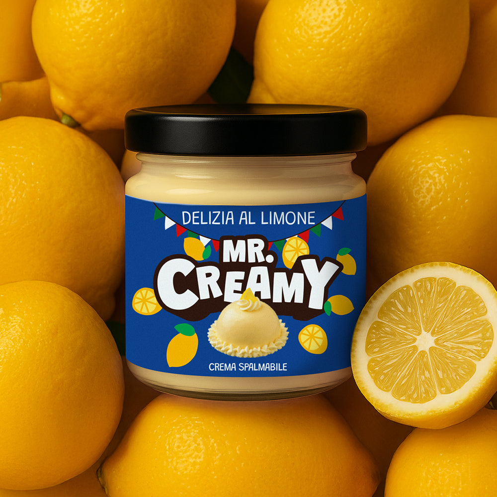 Confezione da 200g di crema spalmabile al gusto di delizia al limone Mr. creamy tra i limoni