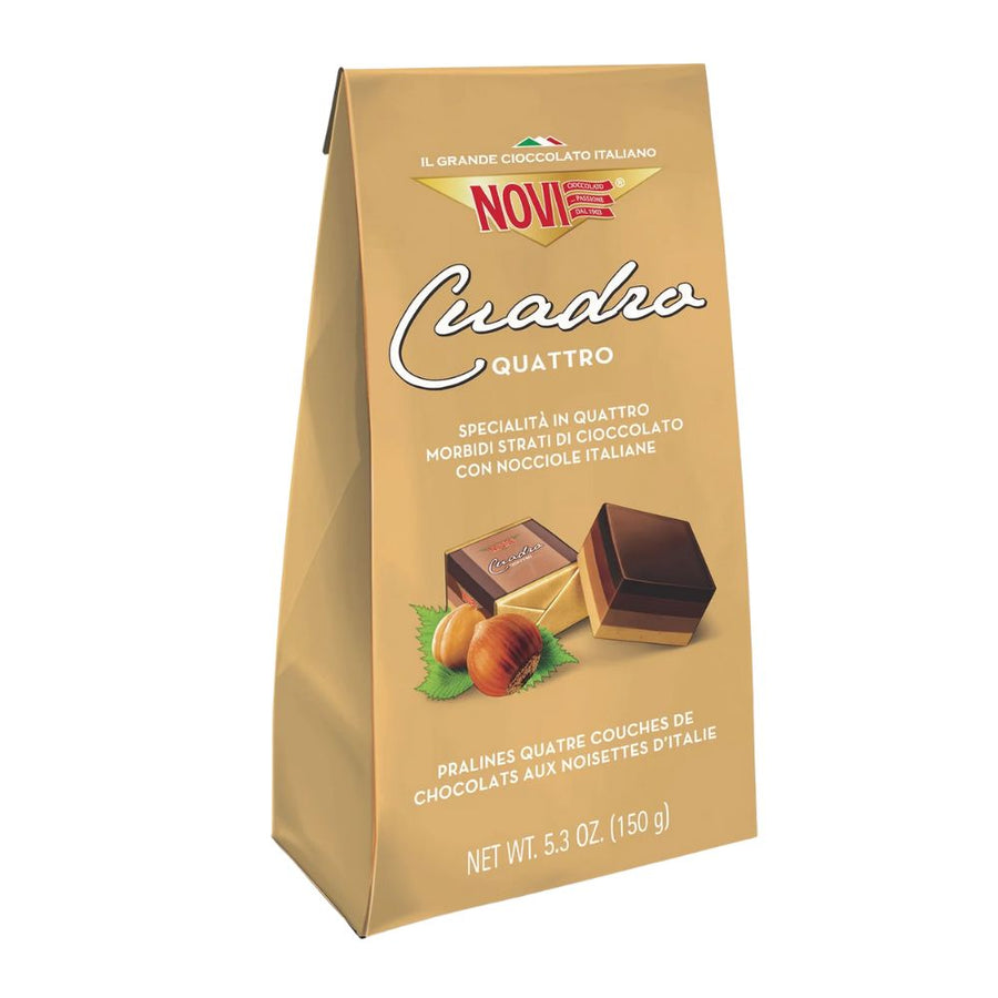 Confezione da 150g, praline di cioccolato extra fondente, cioccolato al latte e alle nocciole gianduja, cioccolato al latte e cioccolato bianco con pasta di nocciole Novi.