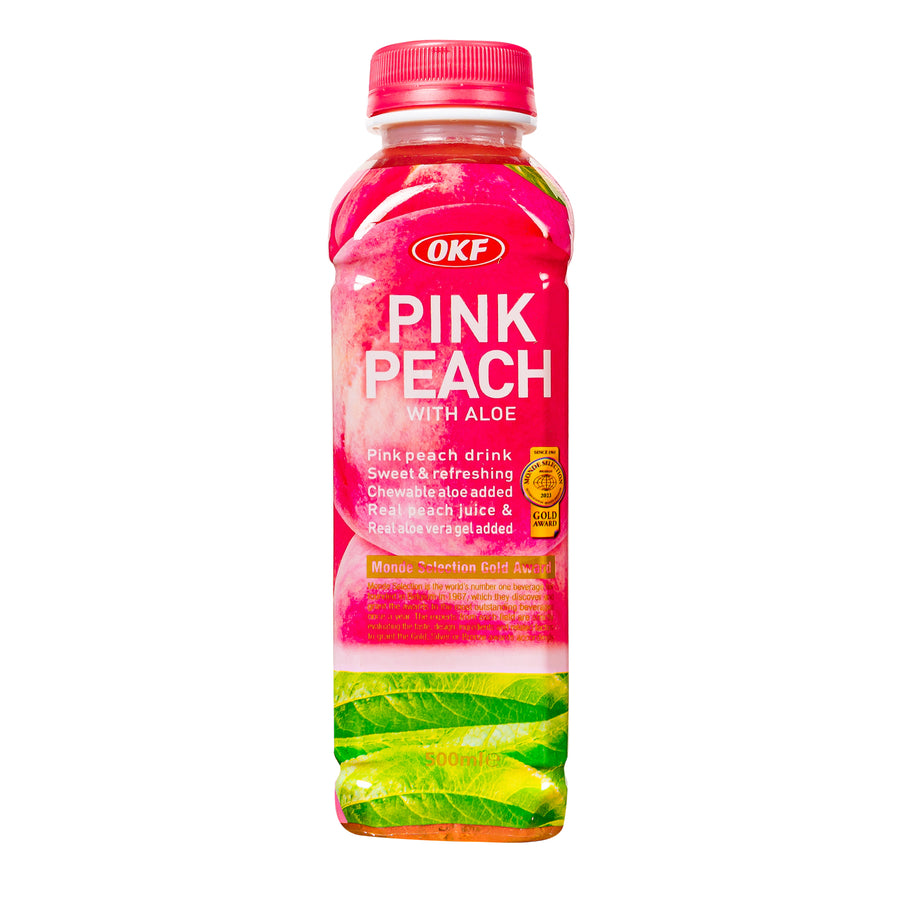 Bottiglietta in plastica da 500ml di bevanda all'aloe vera e pesca OKF pink peach