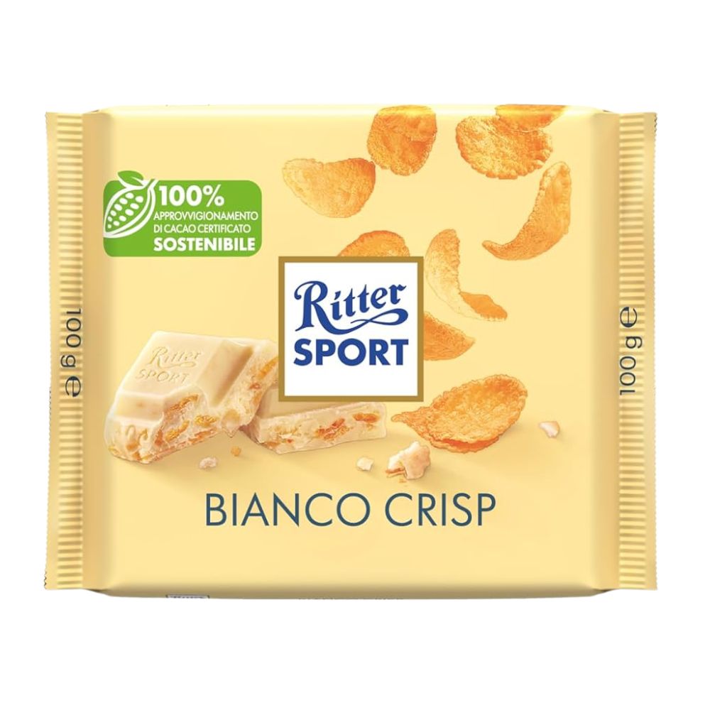 Confezione da 100g, cioccolato bianco con fiocchi di mais e riso soffiato Ritter Sport.