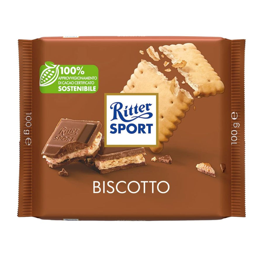 Confezione da 100g, cioccolato al latte ripieno con crema al cacao e biscotto al burro Ritter Sport.