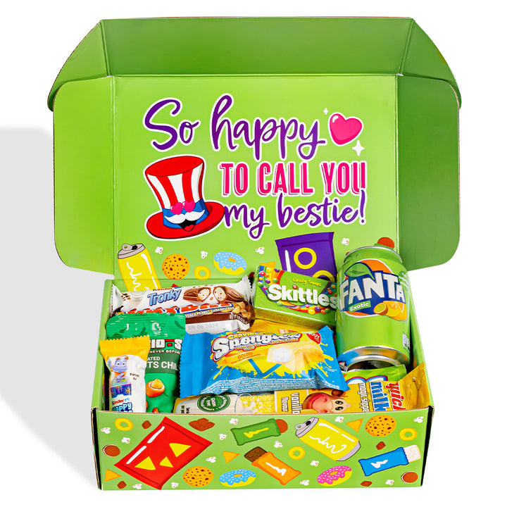 Snack Box “Mejores Amigos Para Siempre”, caja sorpresa de 20 snack dulces, salados y bebidas para la mejor amiga