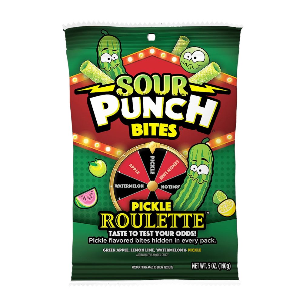 Sour Punch Bites Pickle Roulette, caramelle gommose gusti a sorpresa da 105g.