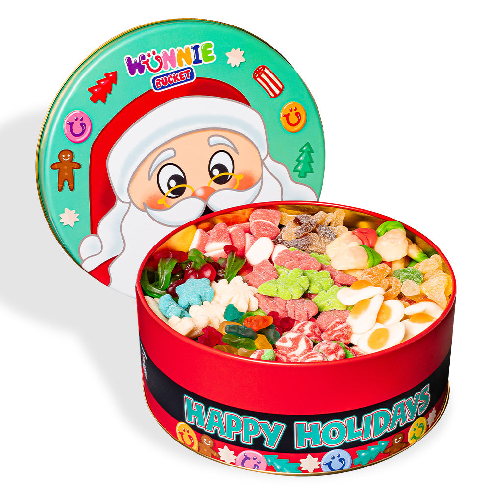 Wunnie Bucket "Felices Fiestas", lata de caramelos de goma de 3kg para componer con tus sabores favoritos