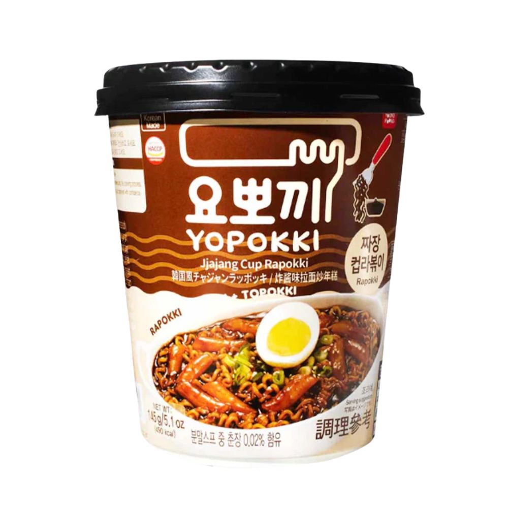 Yopokki Jjajang Cup Rapokki, noodles e topokki in tazza con fagioli neri da 145g.