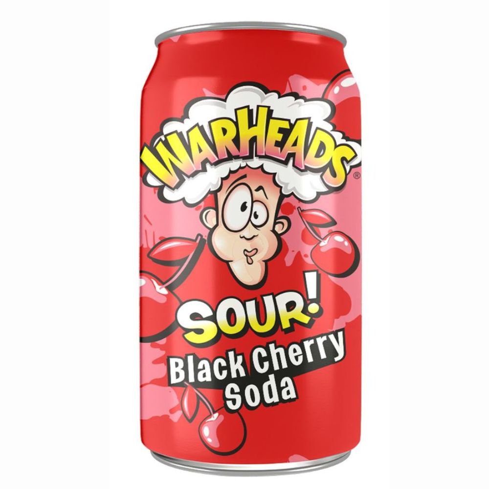 Confezione da 355ml di bevanda aspra all'amarena Warheads Sour Black Cherry soda
