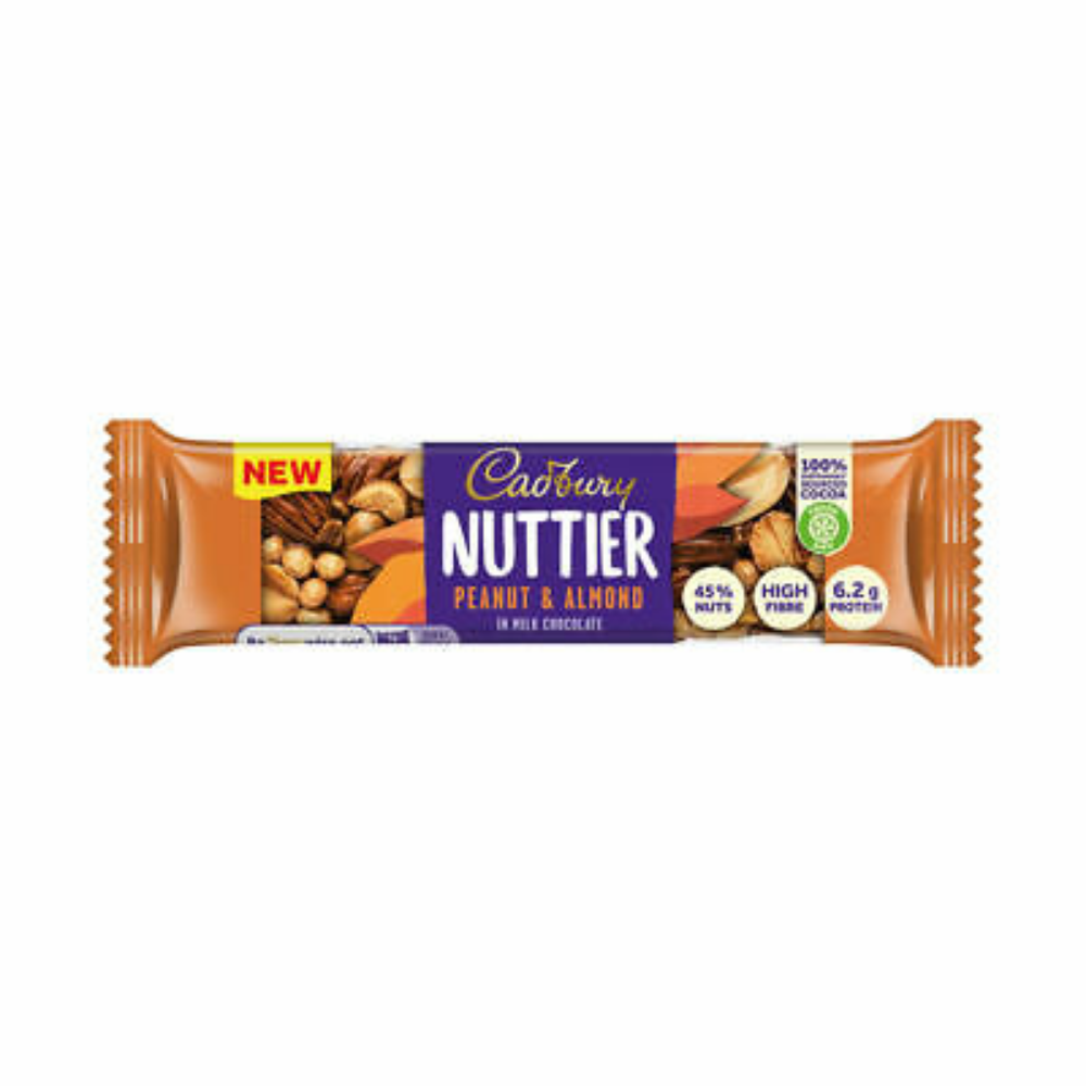 Cadbury Nuttier Almendras y Maní, barra de almendras y maní cubierta de chocolate con leche de 40g