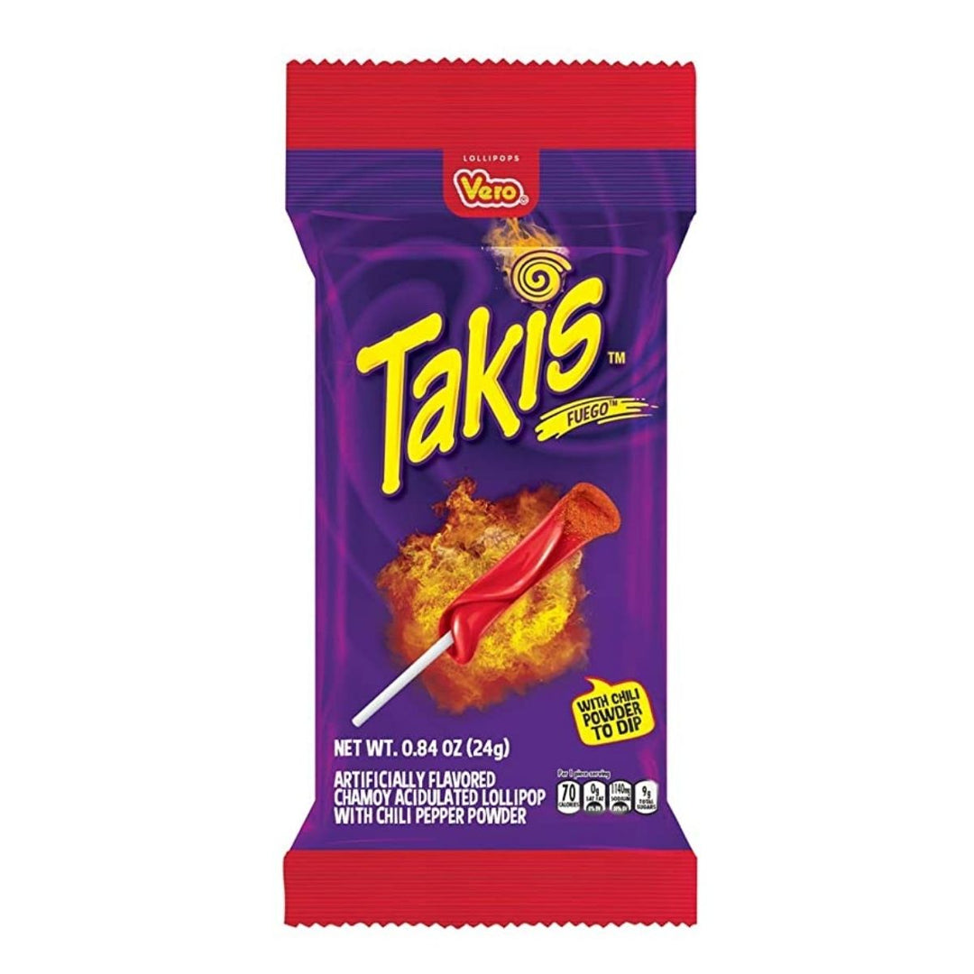 Takis Lollipop, piruleta de fresa cubierta de polvo picante de 24g