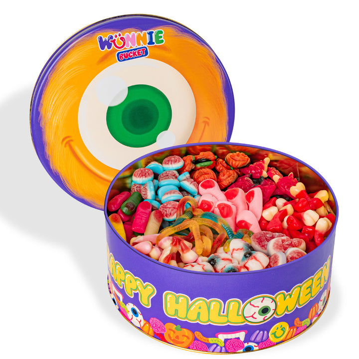 Wunnie Bucket "Feliz Halloween", lata de caramelos de goma de 3kg para componer con tus sabores favoritos 