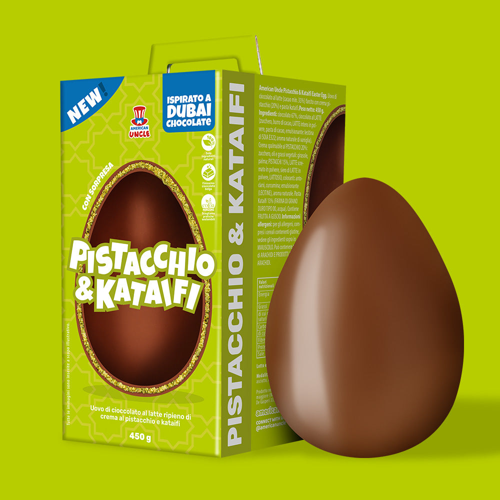 American Uncle Huevo de Pascua Pistacchio & Kataifi, huevo de Pascua Dubai Chocolate - chocolate con leche relleno de crema de Pistacchio y Kataifi de 450 g 