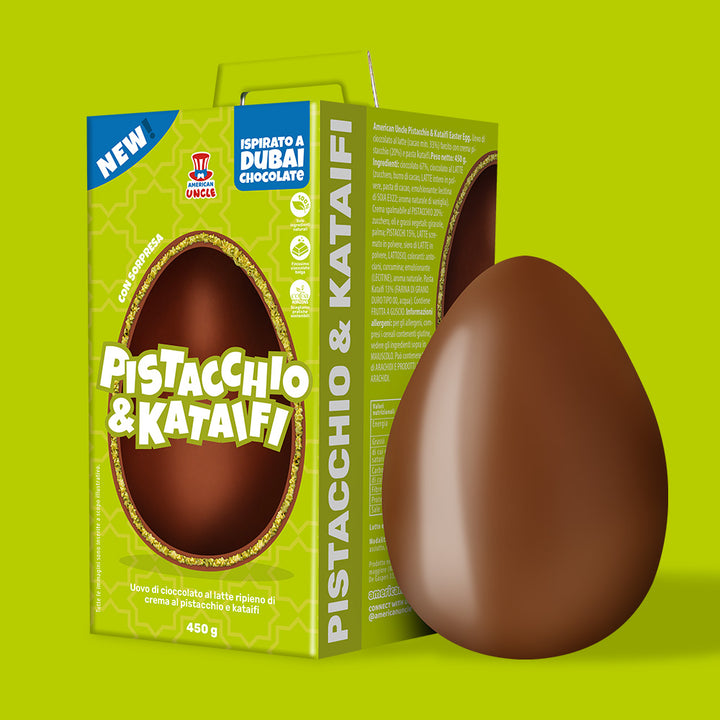 American Uncle Huevo de Pascua Pistacchio & Kataifi, huevo de Pascua Dubai Chocolate - chocolate con leche relleno de crema de Pistacchio y Kataifi de 450 g 