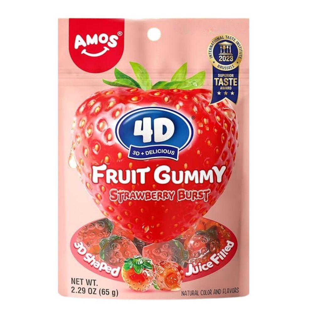 Amos 4D Fruit Gummy Strawberry Burst, caramelos gomosos rellenos con sabor a fresa de 65g 