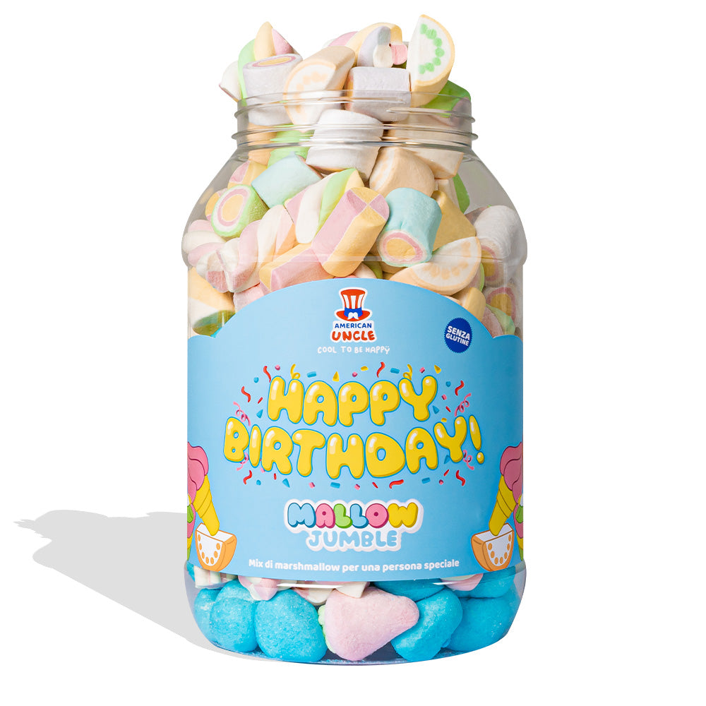 Mallow Jumble “Feliz Cumpleaños”, tarro de marshmallow para componer con tus sabores favoritos 