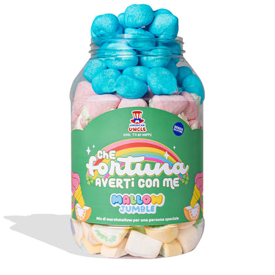 Mallow Jumble "Qué suerte tenerte conmigo", frasco de marshmallows para componer con tus sabores favoritos.