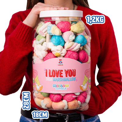 Mallow Jumble "I love you more than marshmallow", frasco de marshmallows para personalizar con tus sabores favoritos.