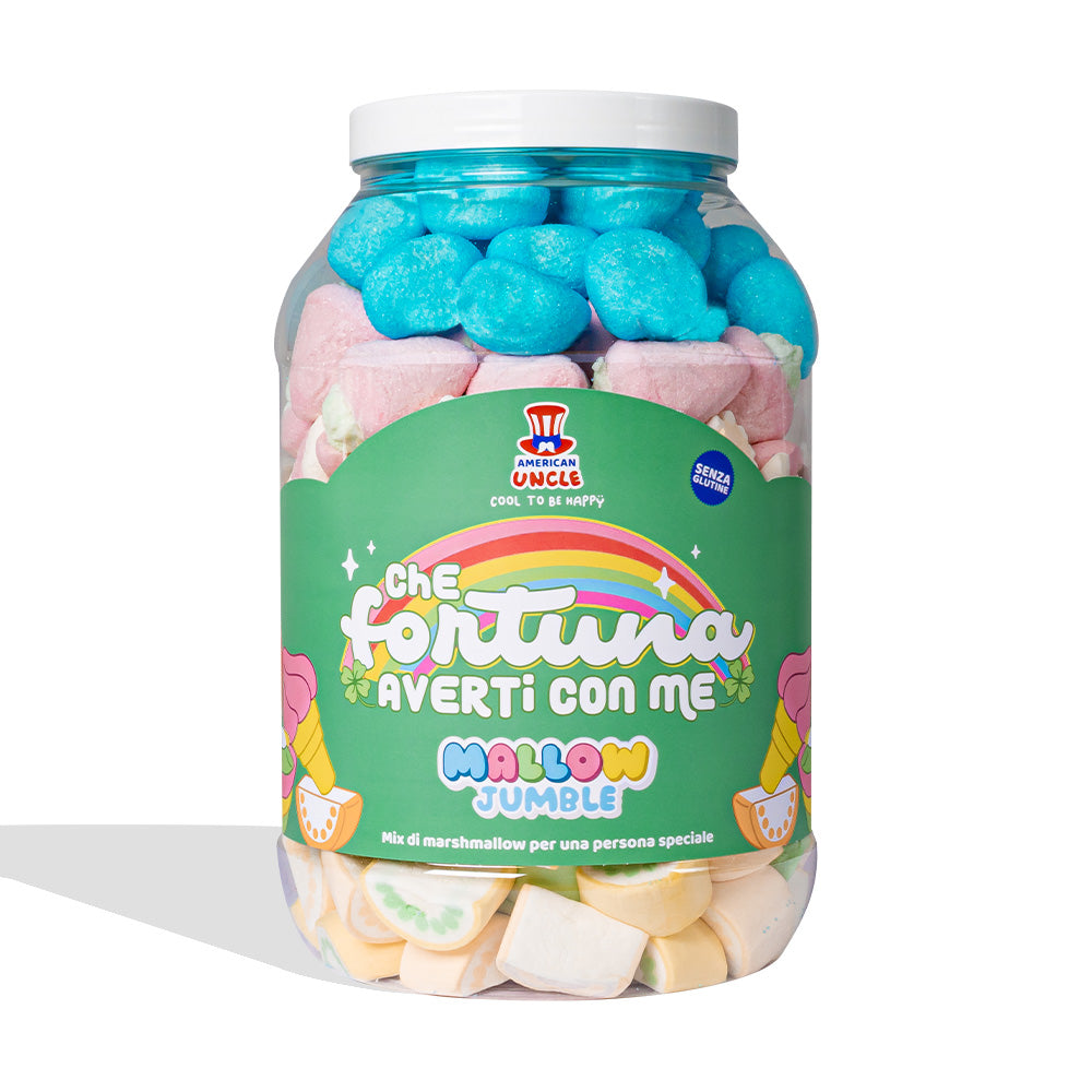 Mallow Jumble “Qué suerte tenerte conmigo”, tarro de marshmallow para componer con tus sabores preferidos 