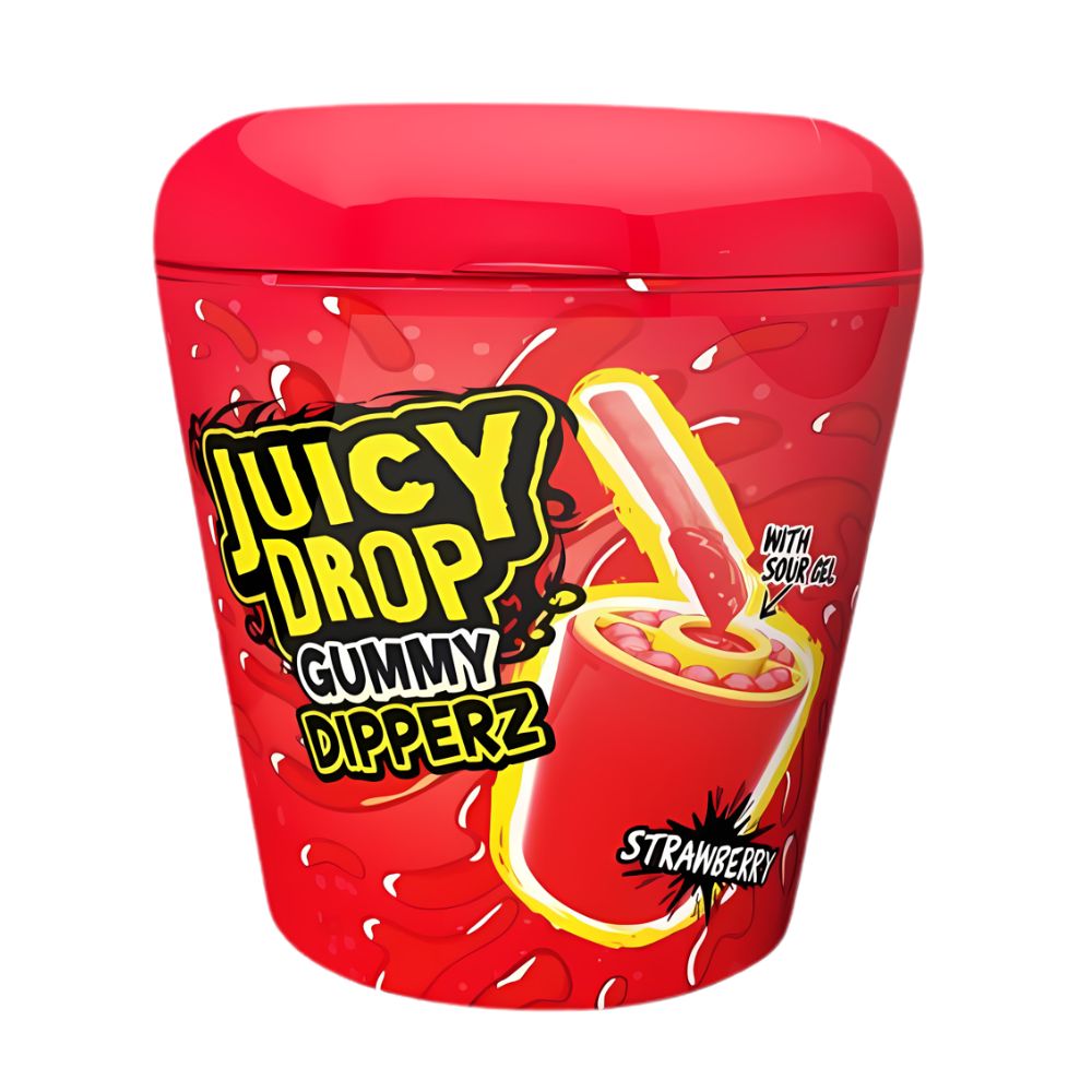 Bazooka Juicy Drop Gummy Dipperz Fresa, caramelos gomosos y gel con sabor a fresa de 96g 