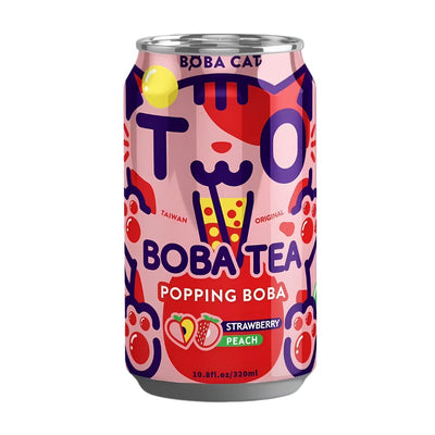 Confezione da 320ml, bubble tea al gusto di fragola e pesca Boba Cat.