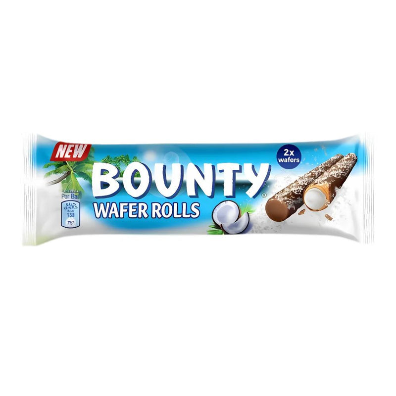 Confezione da 22g wafer arrotolato ricoperto di cioccolato e ripieno di crema al cocco Bounty.