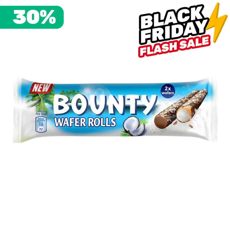 Bounty Wafer Rolls, barquillo enrollado cubierto de chocolate y relleno de crema de coco de 22,5g 