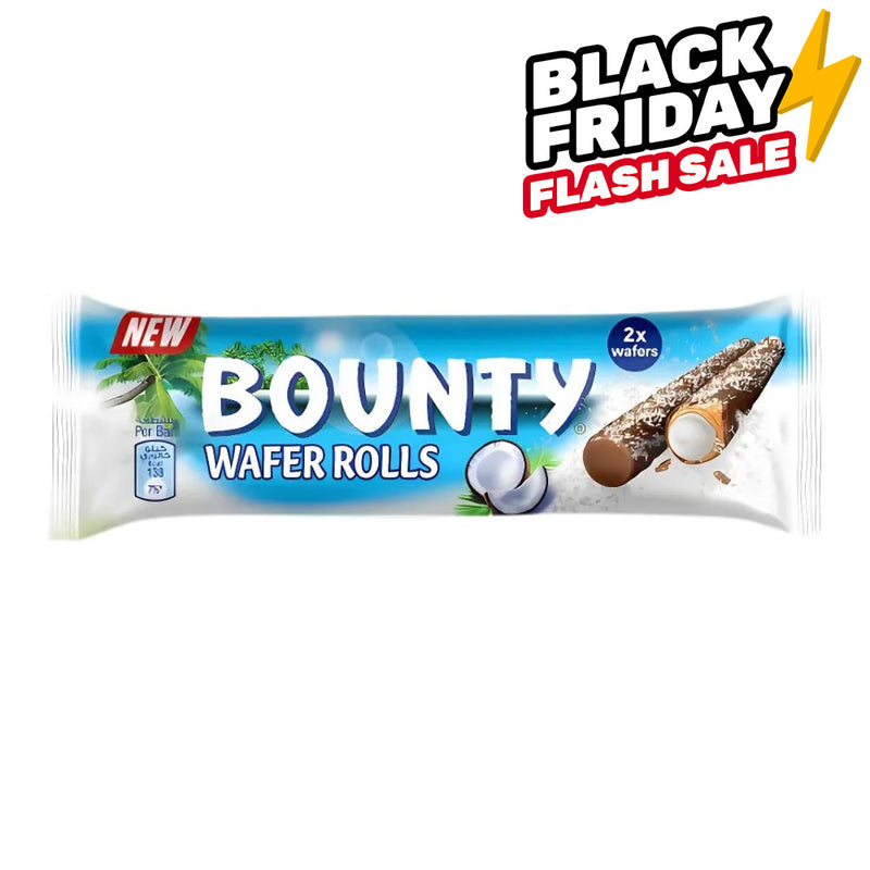 Bounty Wafer Rolls, barquillo enrollado cubierto de chocolate y relleno de crema de coco de 22,5g 