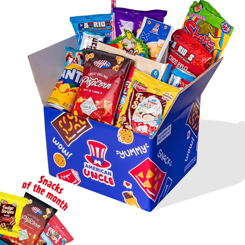 Snack box con al menos 40 productos internacionales: dulces, salados y bebidas.