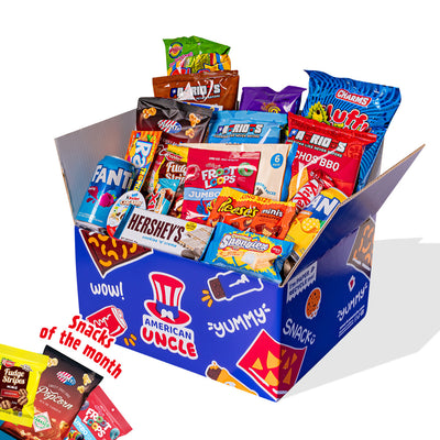 Snack box de al menos 50 productos internacionales: dulces, salados y bebidas