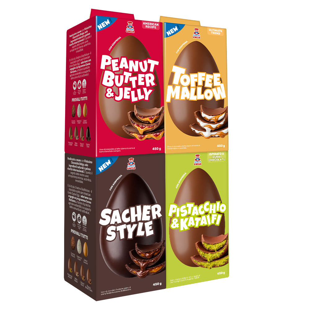 Kit de 4 huevos: mantequilla de maní y mermelada, malvavisco de toffee, estilo Sacher, pistacho y Katafii