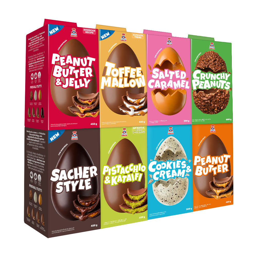 Todos los huevos de Pascua: mantequilla de maní y mermelada, caramelo y marshmallow, caramelo salado, cacahuetes crujientes, mermelada y chocolate negro, pistacho y kataifi, cookies and cream, mantequilla de maní