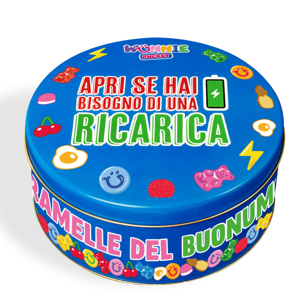 Wunnie Bucket "Abre si necesitas una recarga", lata de caramelos gomosos para llenar con tus sabores preferidos - 3 kg 