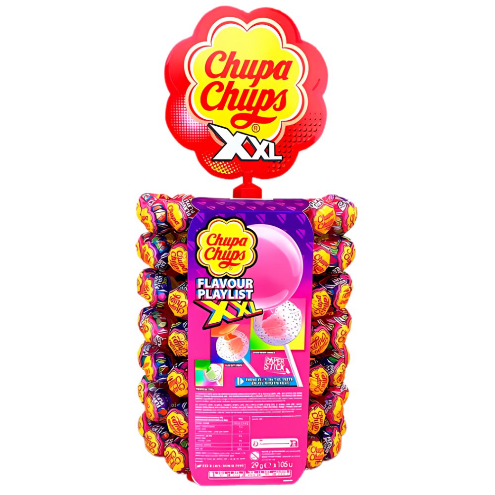 Chupa Chups XXL Playlist, piruleta con relleno de chicle sabores mixtos de 29g (Paquete de 105) 
