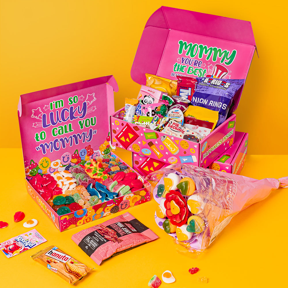 Regali per la mamma: scatola di caramelle gommose da 1kg e scatola con 20 snack tra dolci e salati a sorpresa