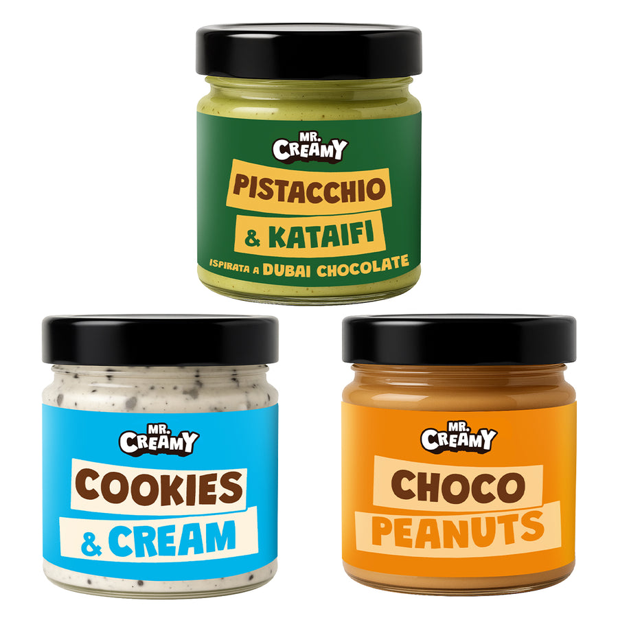 3 confezioni, le più vendute, di creme spalmabili da 200g Mr Creamy: pistacchio e kataifi, cookies and cream e peanut butter cup