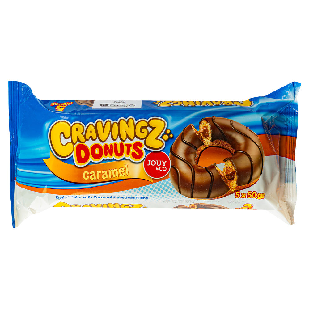 Jouy&Co Cravingz Donuts Caramel, 5 rosquillas rellenas de crema de caramelo y cubiertas de chocolate de 50g 