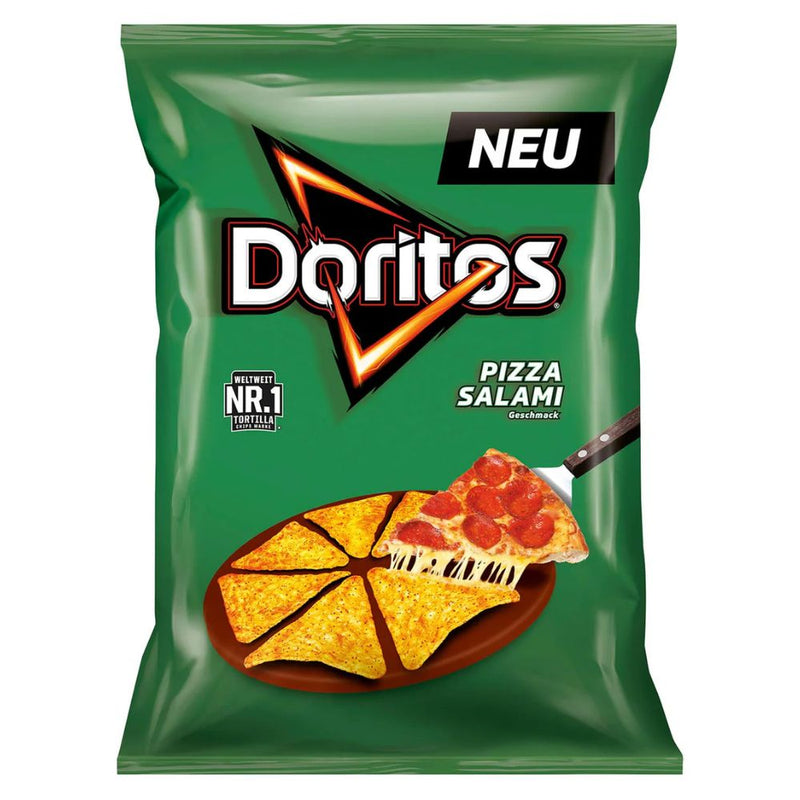 Confezione da 110g snack di mais al gusto di pizza salami Doritos.