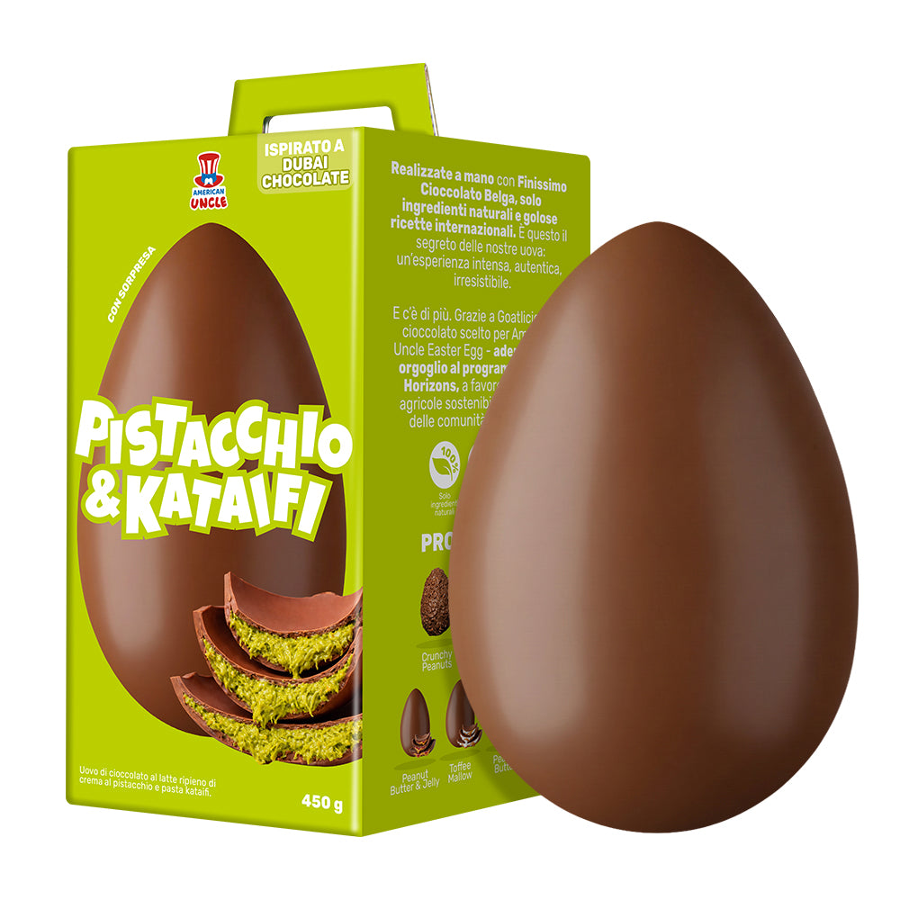 Paquete de 450g de huevo Dubai Chocolate en empaque verde, con relleno de pistacho y kataifi 