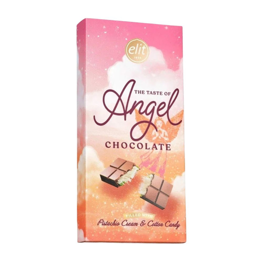Elit Angel Hair Chocolate, cioccolato al latte ripieno di zucchero filato e crema di pistacchio da 85g.
