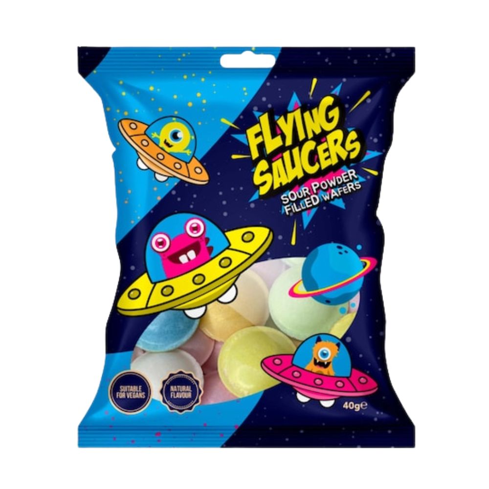 Flying Saucers Sour Powder Filled Wafersm, cialde di caramelle ripieni di polvere di caramelle da 40g.