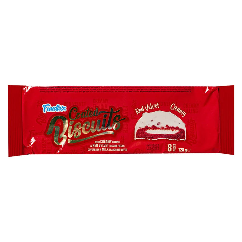 Confezione da 128g, biscotto ricoperto di cioccolato bianco e pezzi di red velvet.