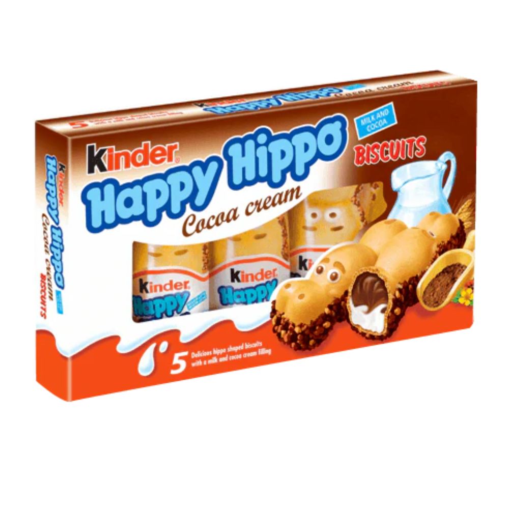 Happy Hippo Biscuits Cocoa Cream, confezione da 5 pezzi di biscotti ripieni con crema al cioccolato e alla nocciola.