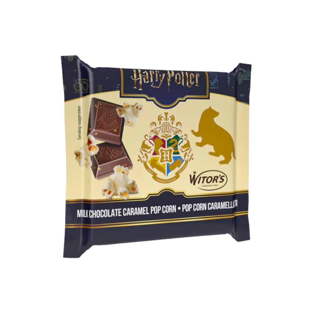 Confezione da 50g tavoletta di cioccolato con pop corn caramellati Harry Potter.