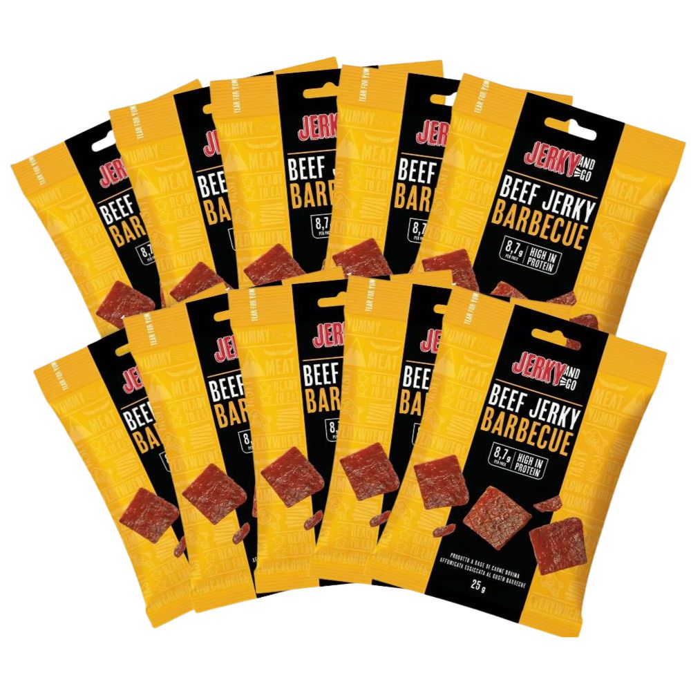 Jerky And Go Beef Jerky Barbecue, snack de carne de res seca y ahumada con sabor a barbacoa de 25g (Paquete de 10) 