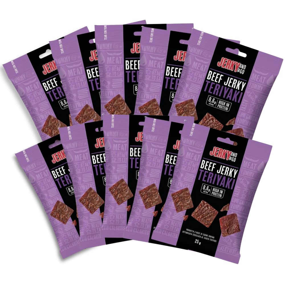 Jerky And Go Beef Jerky Teriyaki, snack de carne de res seca y ahumada con sabor Teriyaki de 25g (Paquete de 10) 